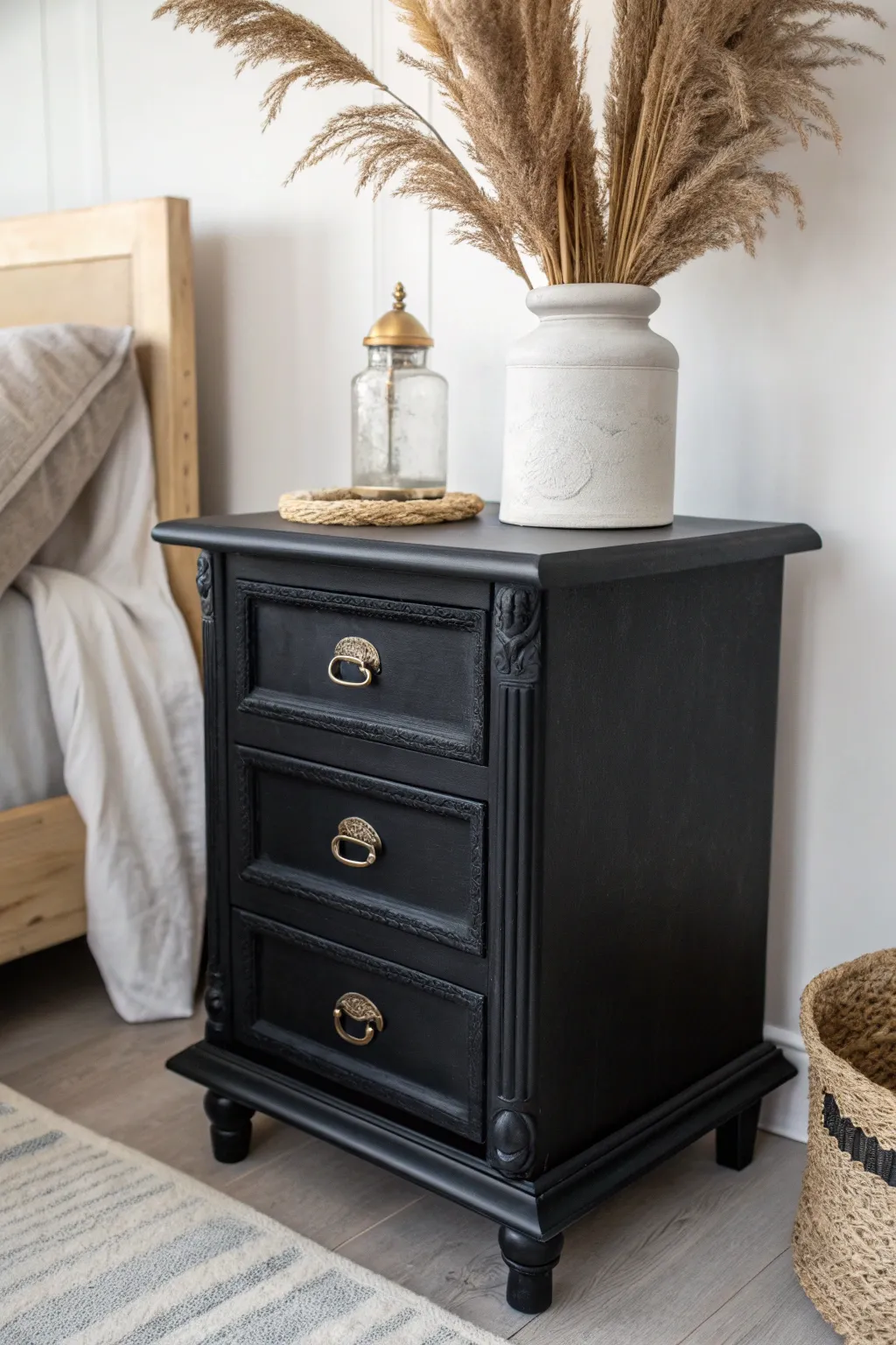 Elevate your space with the timeless elegance of a black chalk-painted nightstand.