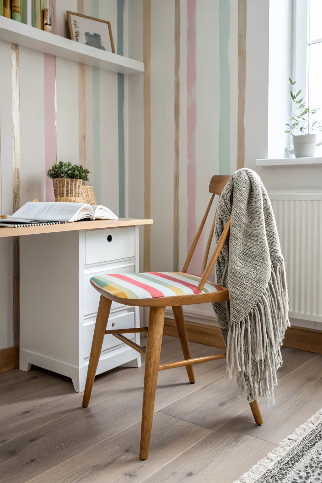 Embrace playful elegance with whimsical chalk-painted stripes in your minimalist space.
