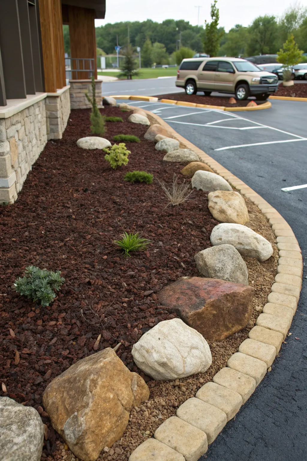 Elevate your parking space with a stylish mulch and stone combo—where practicality meets craftsmanship.