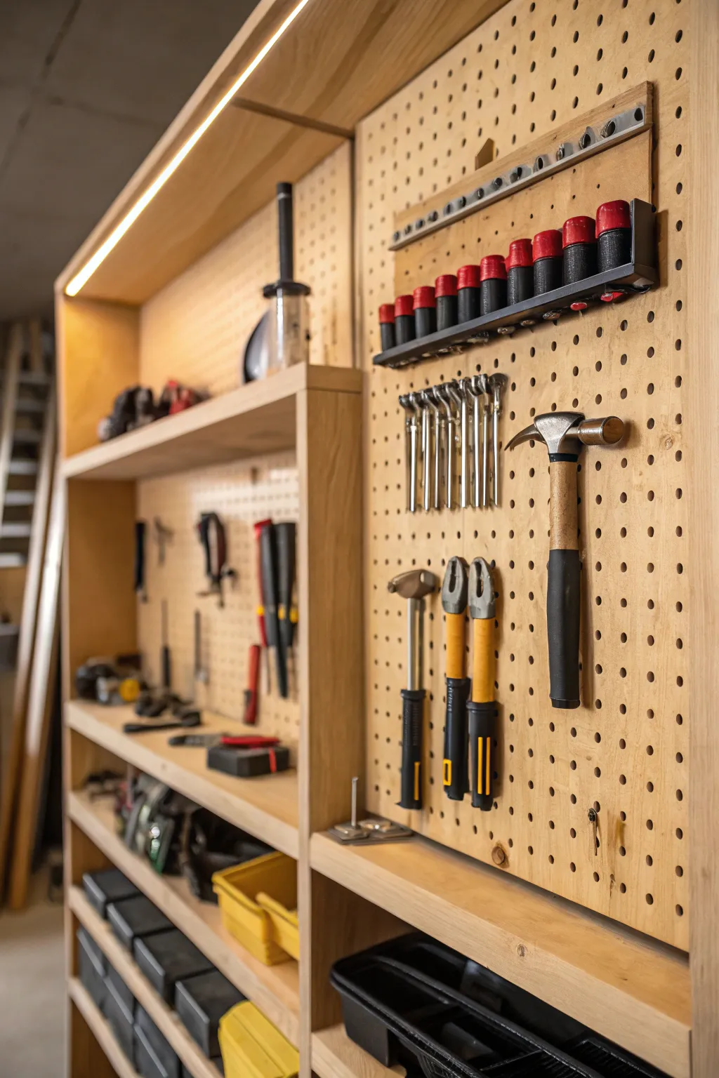 Elevate your workspace with customizable pegboard shelves: the perfect blend of organization and style.