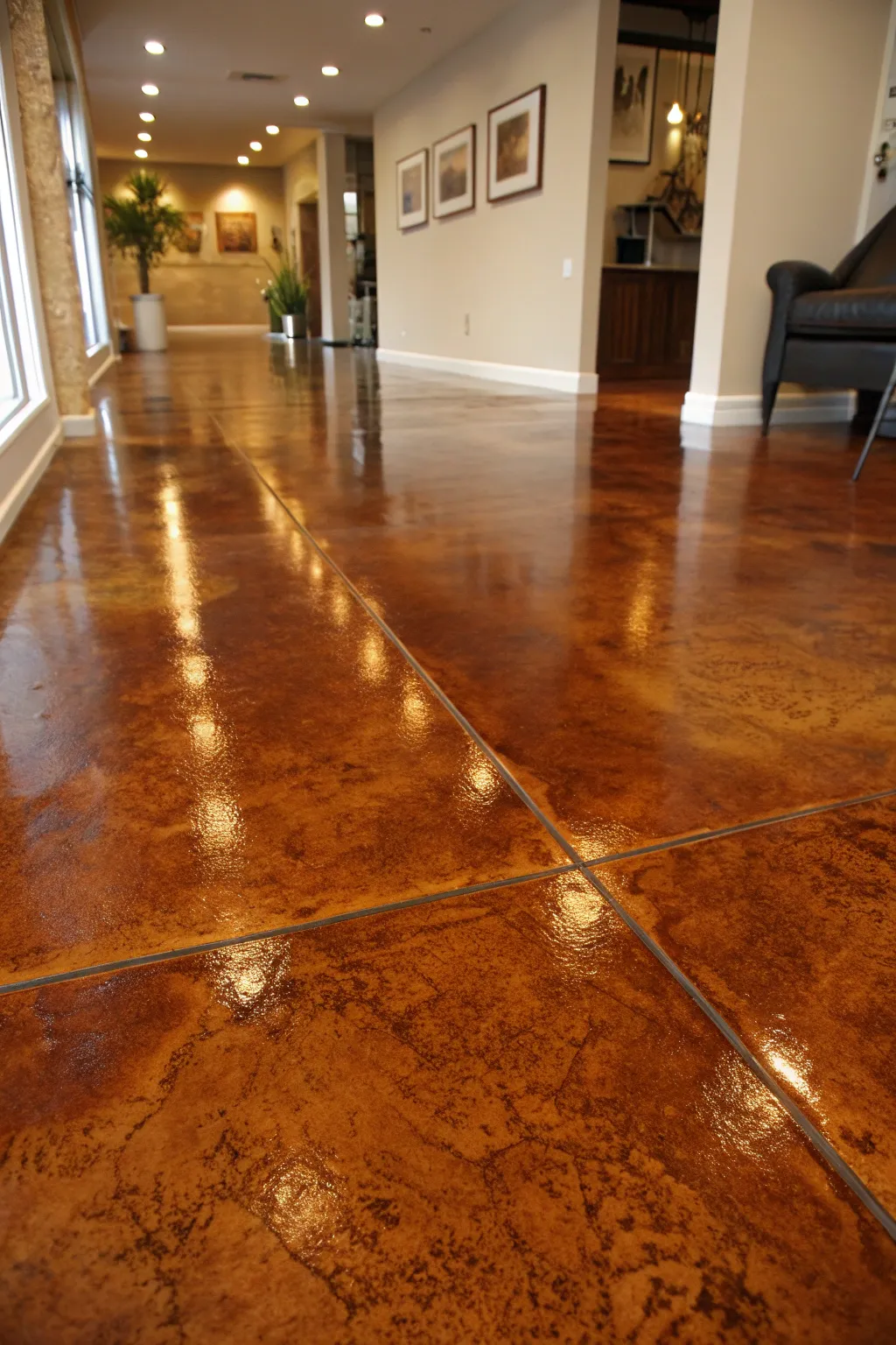 Transform your concrete floor with the timeless elegance of a deep amber stain.
