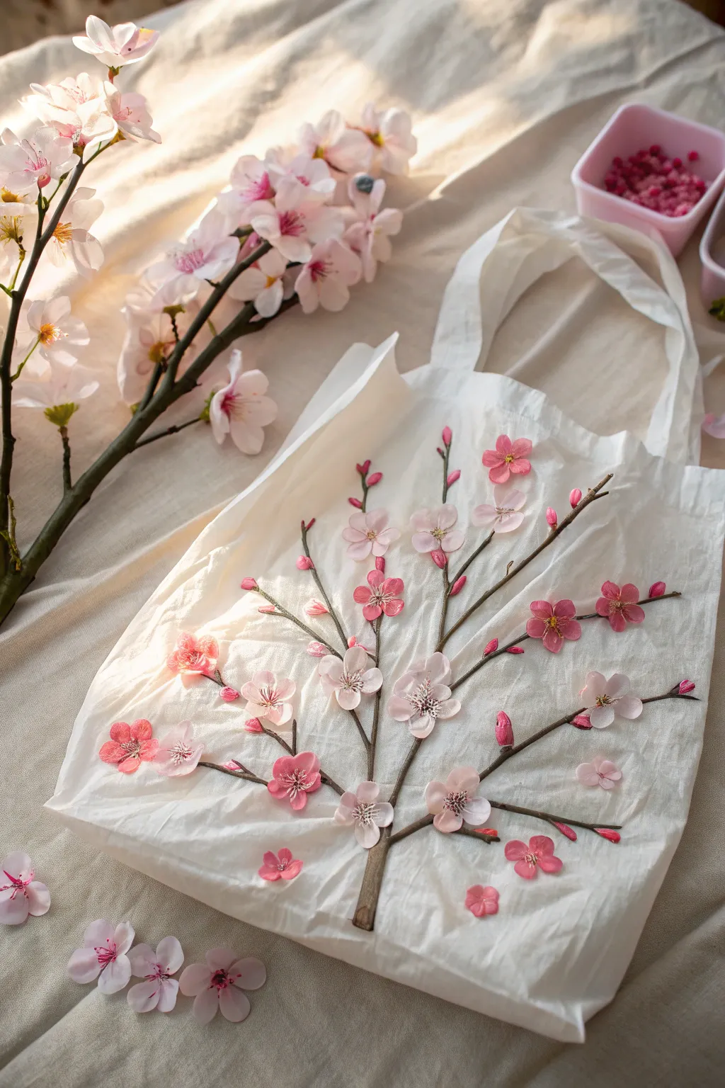 Sustainable Elegance: Transforming Grocery Bags into Cherry Blossom Art