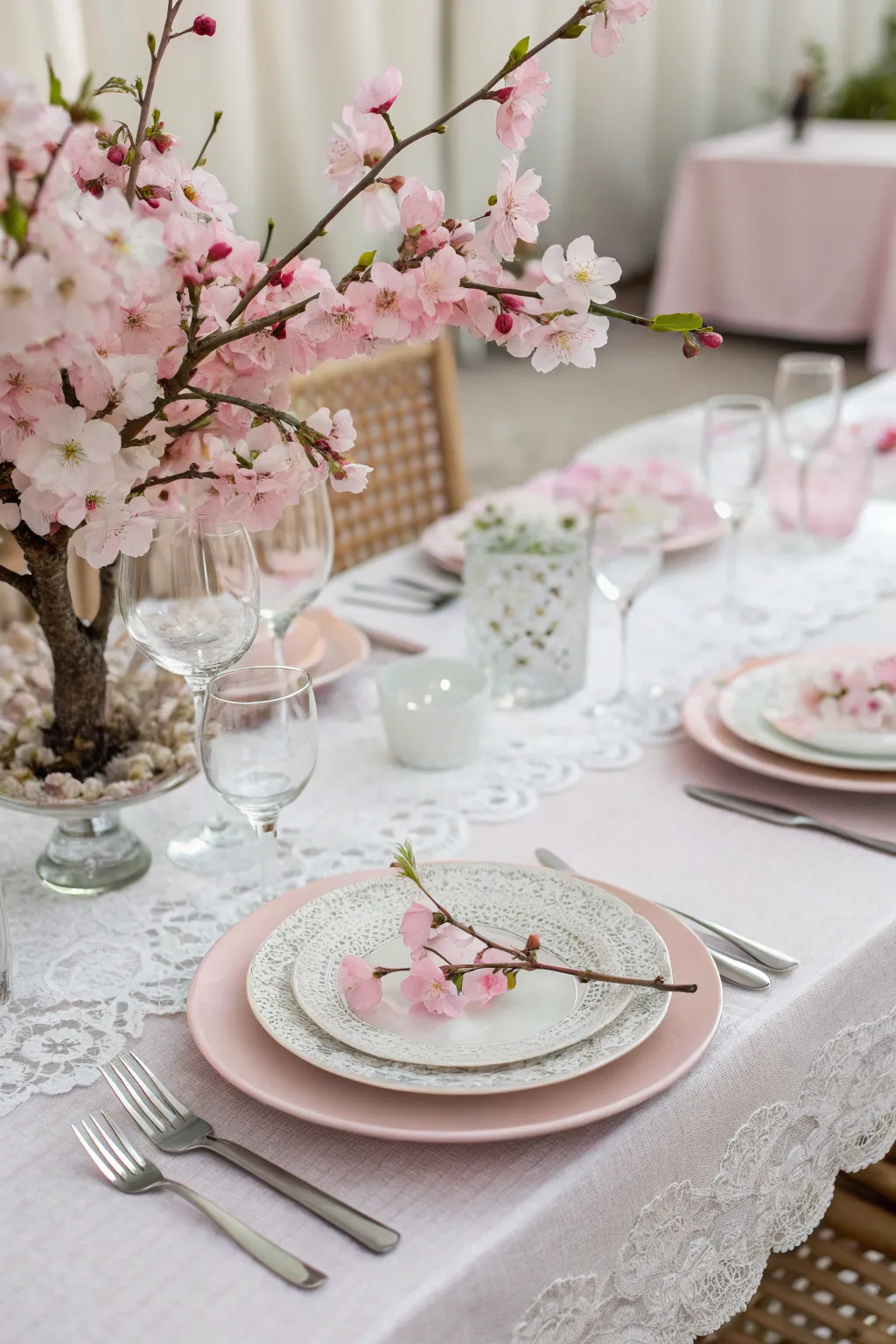 Cherry blossom accents create an elegant table setting.