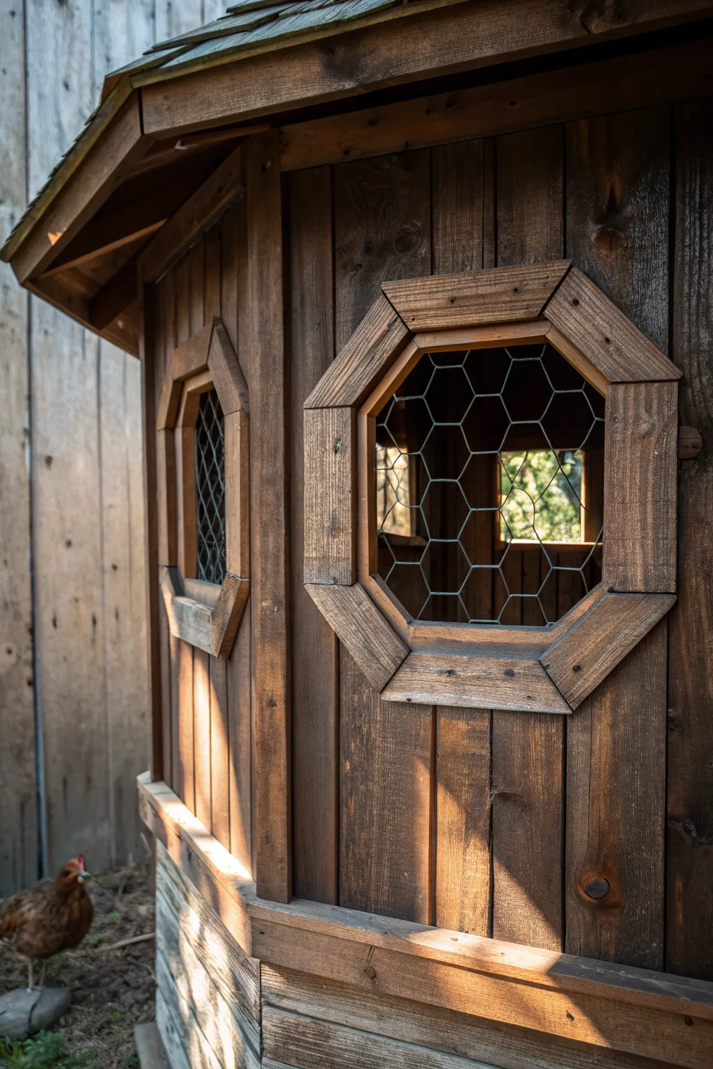Elevate your coop's style with a handcrafted octagon window—where tradition meets geometric elegance.