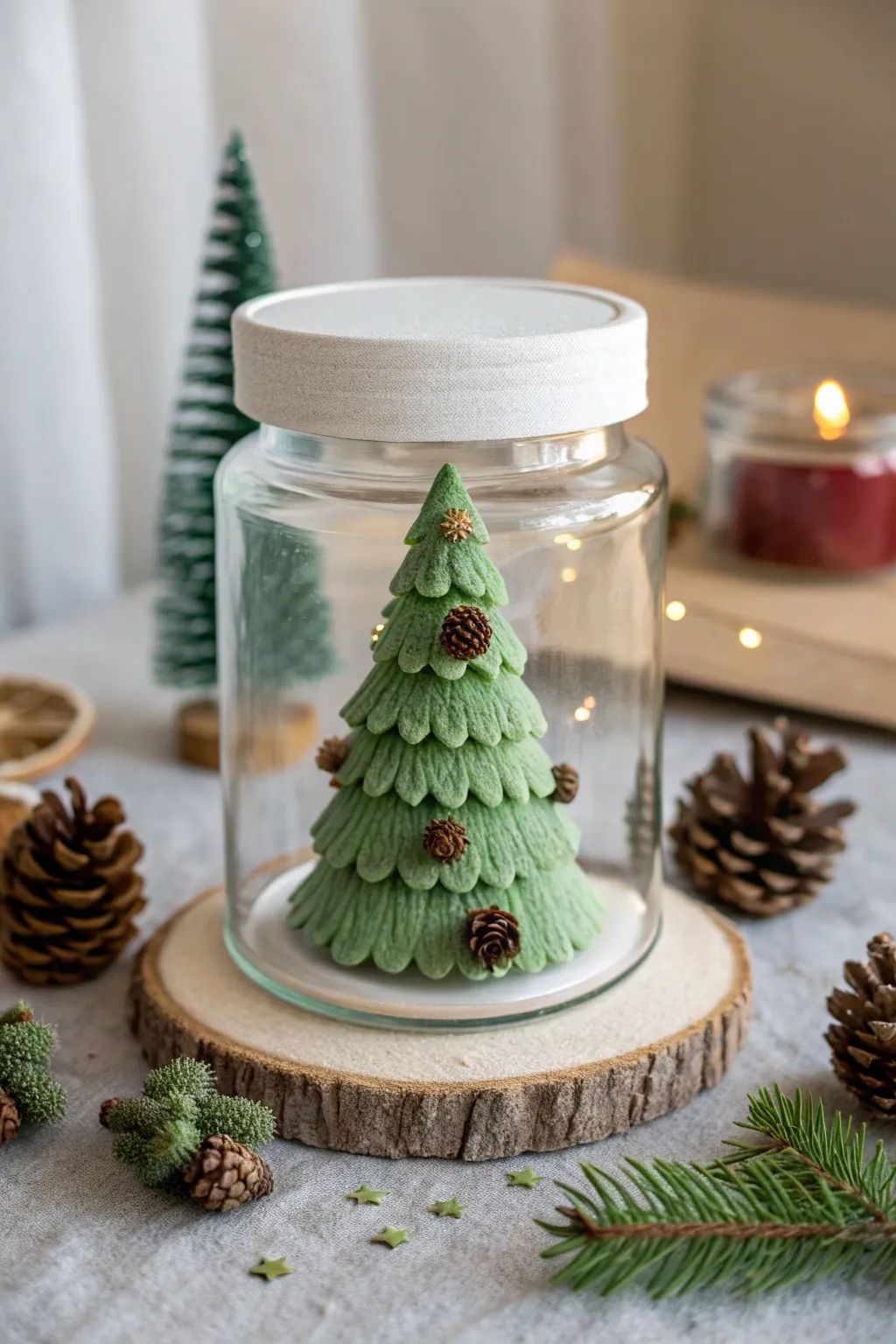 Bring the outdoors in with a charming mini Christmas tree topper, perfect for your holiday candy jar.
