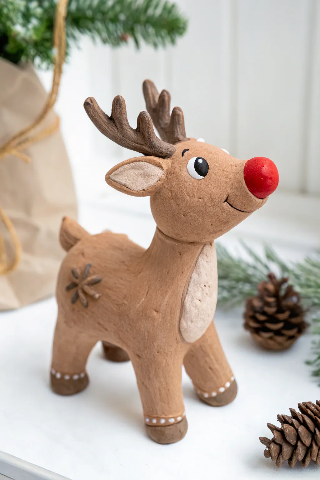 Capture the magic of handmade elegance with this delightful clay reindeer, the perfect blend of simplicity and festive charm.