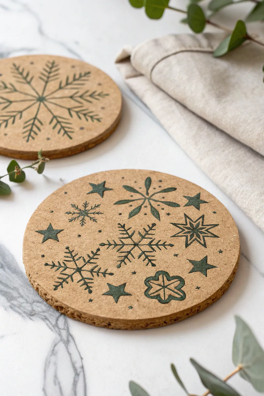Elevate your holiday gatherings with these charmingly stamped cork coasters, where simplicity meets festive flair.