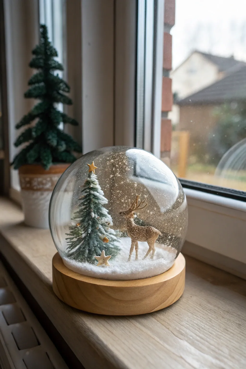 Capture the magic of a serene snow day with a handcrafted snow globe, a perfect blend of simplicity and natural beauty.