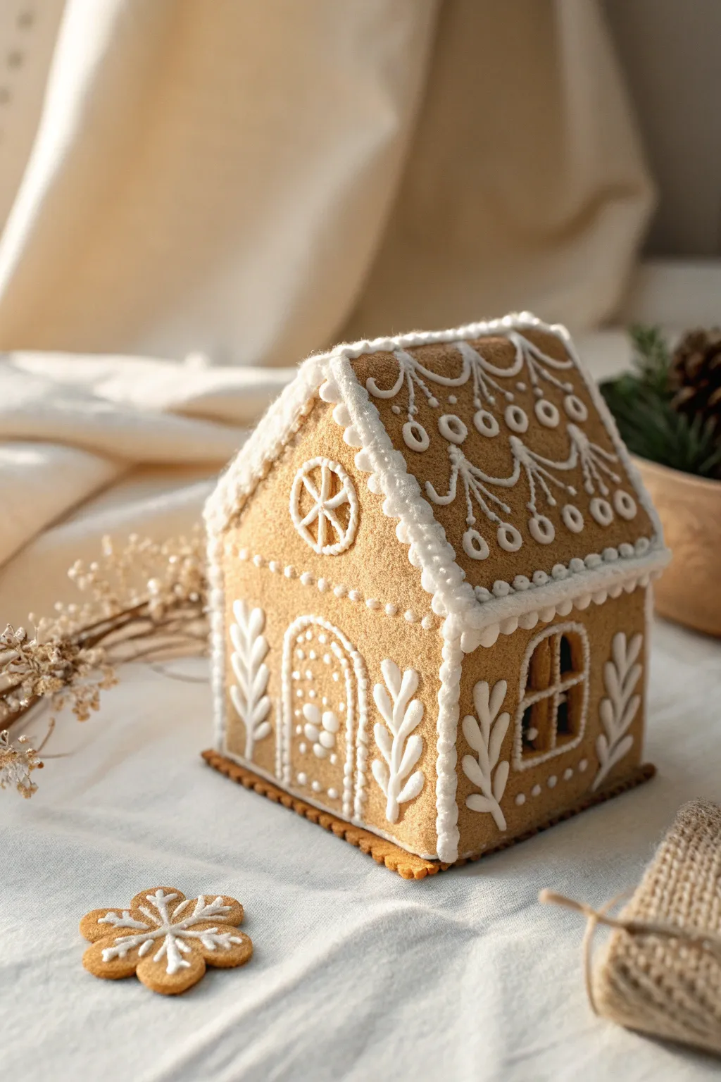 Embrace the warmth of the season with handmade felt gingerbread houses, perfect for a touch of minimalist charm on your tree.
