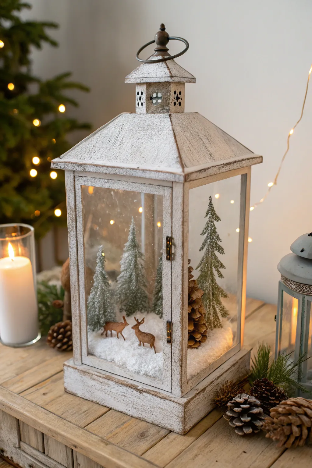 Illuminate your holiday spirit with a rustic lantern diorama, where simplicity meets natural beauty.