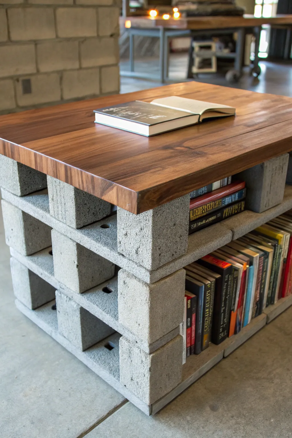 Elevate your space with this stunning cinder block and wood bookshelf table hybrid, where functionality meets craftsmanship.