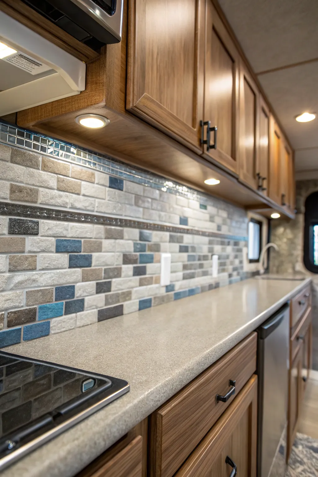 Transform your RV kitchen with a stylish backsplash that combines practicality and artistry. #RVrenovation #Craftsmanship