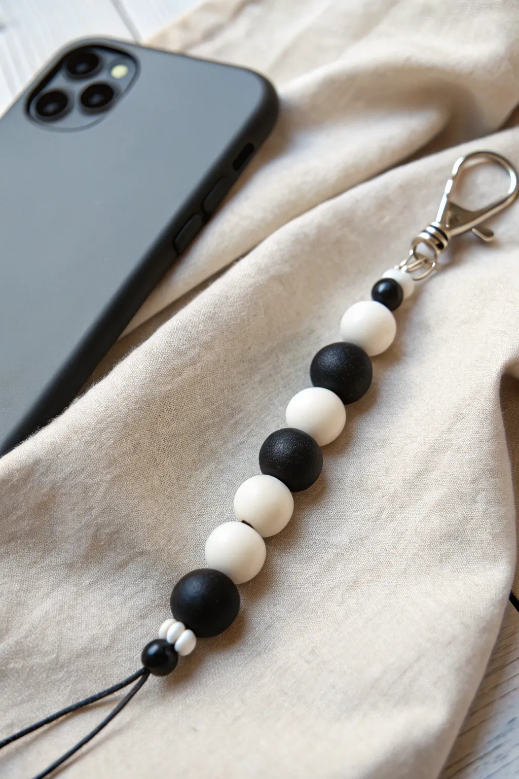 Embrace elegance with a monochrome clay bead phone charm that complements every style effortlessly.