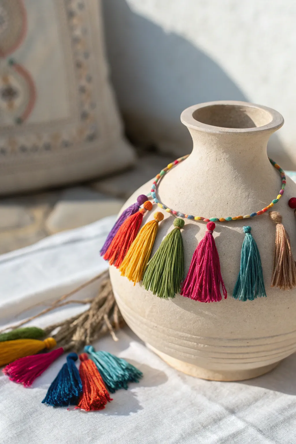 Add a playful boho twist to your decor with colorful tassel-adorned clay ornaments. Perfect for a pop of vibrant charm!