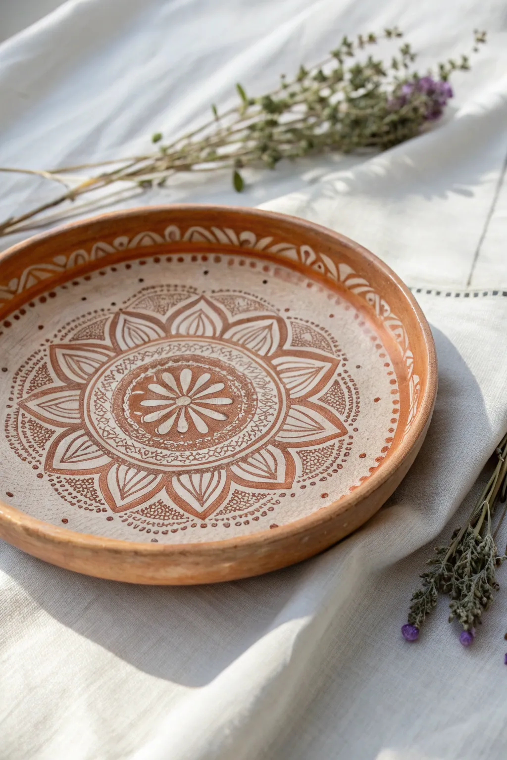 Discover the beauty of cultural artistry with this handcrafted mandala clay plate, perfect for adding a story to your minimalist decor.