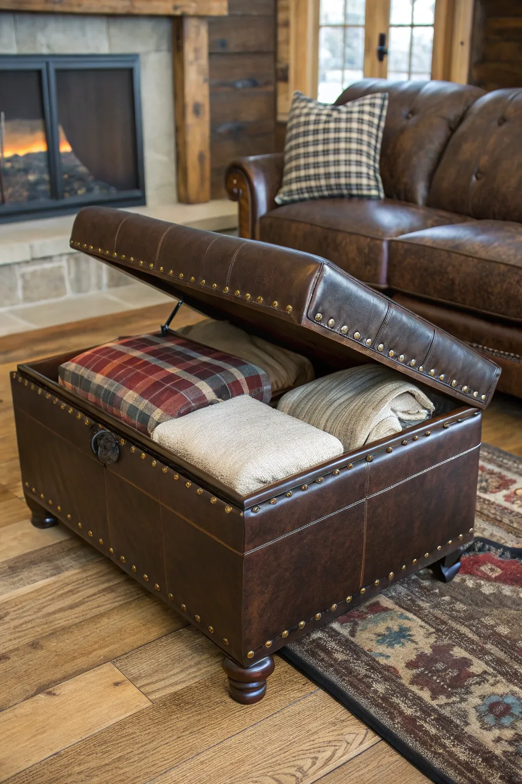 Discover the elegance of hidden storage with a beautifully crafted leather ottoman.