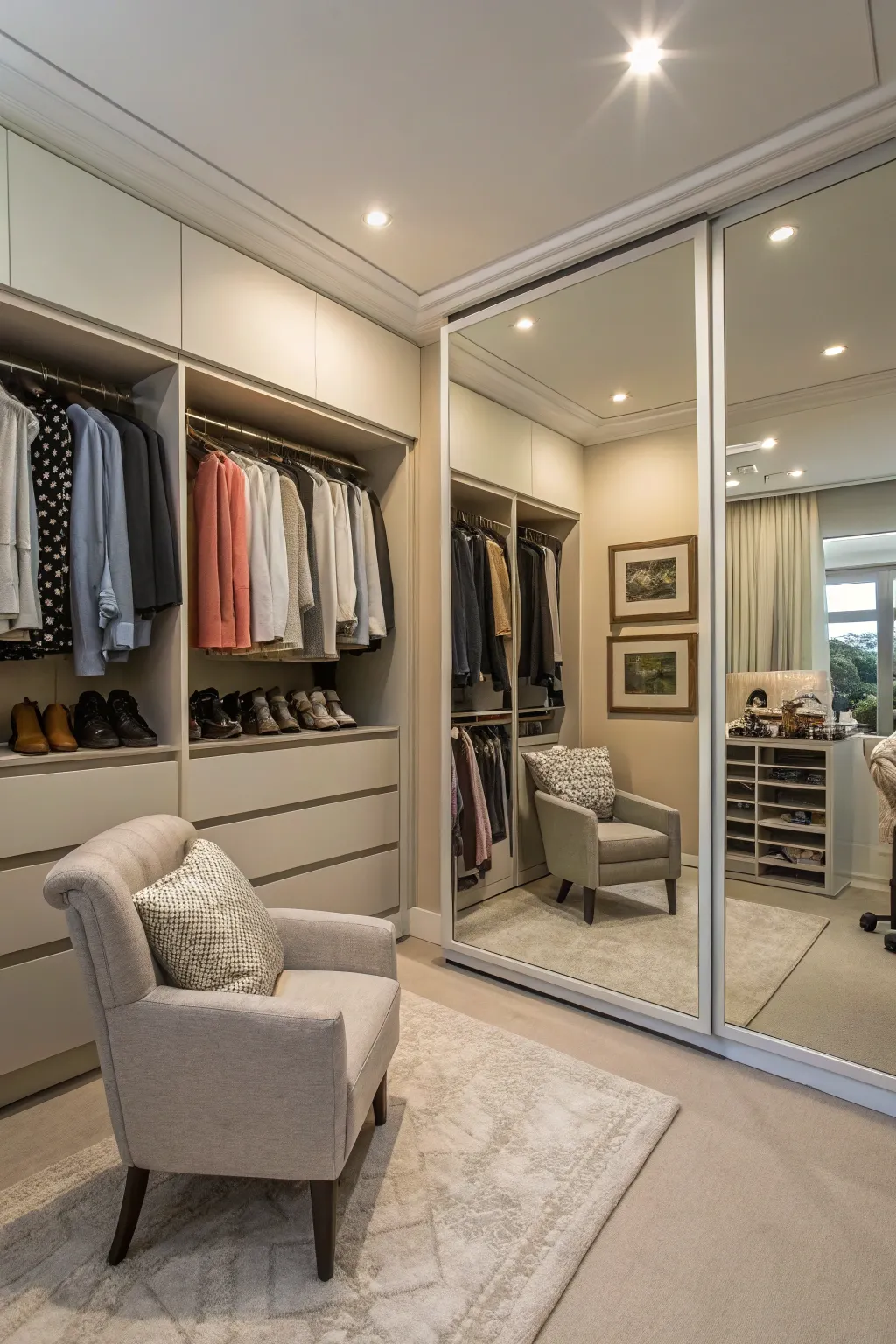 Closet featuring mirrors and a seating area for dressing.