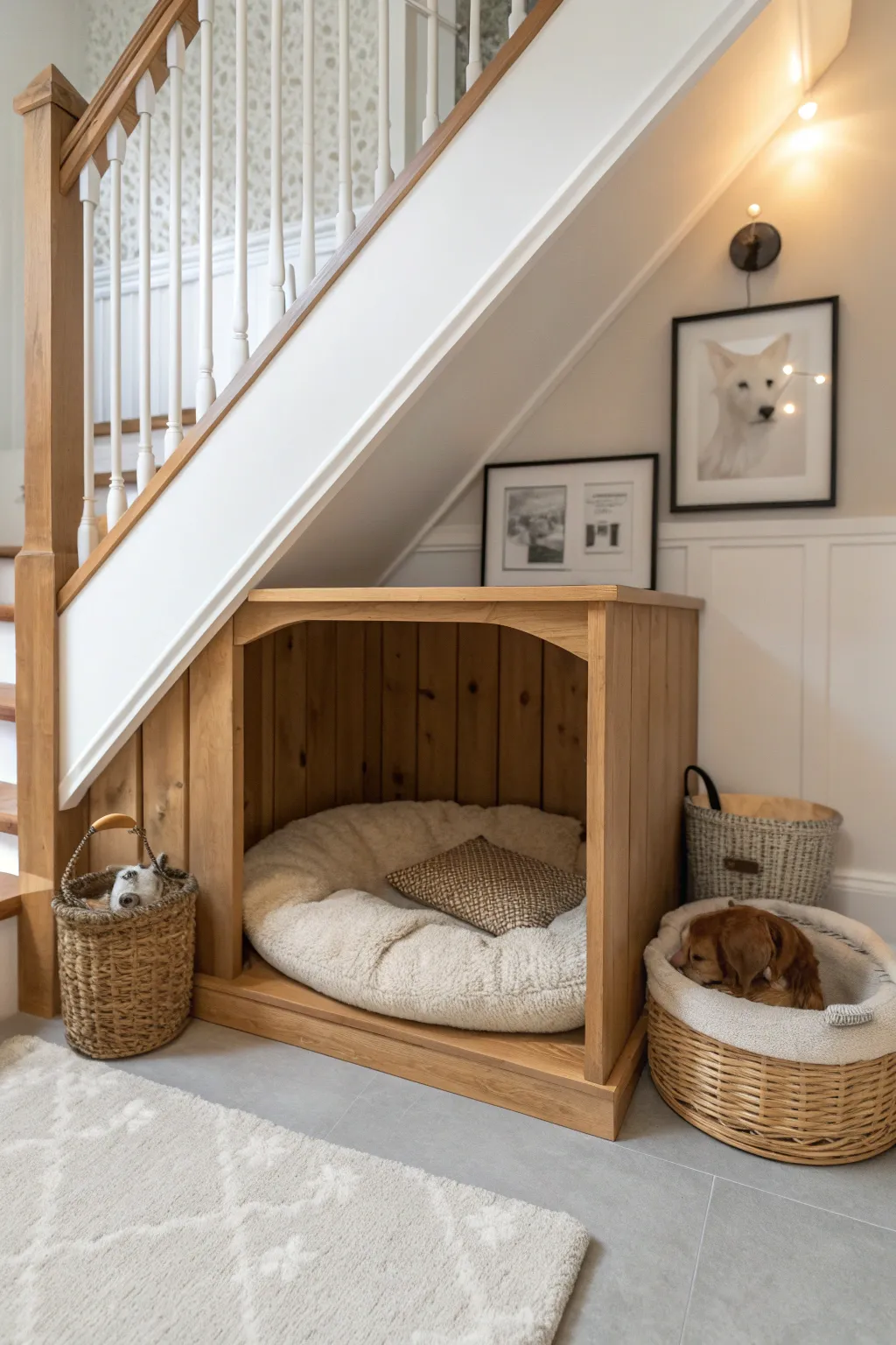 Pamper your pets with their own cozy nook under the stairs.