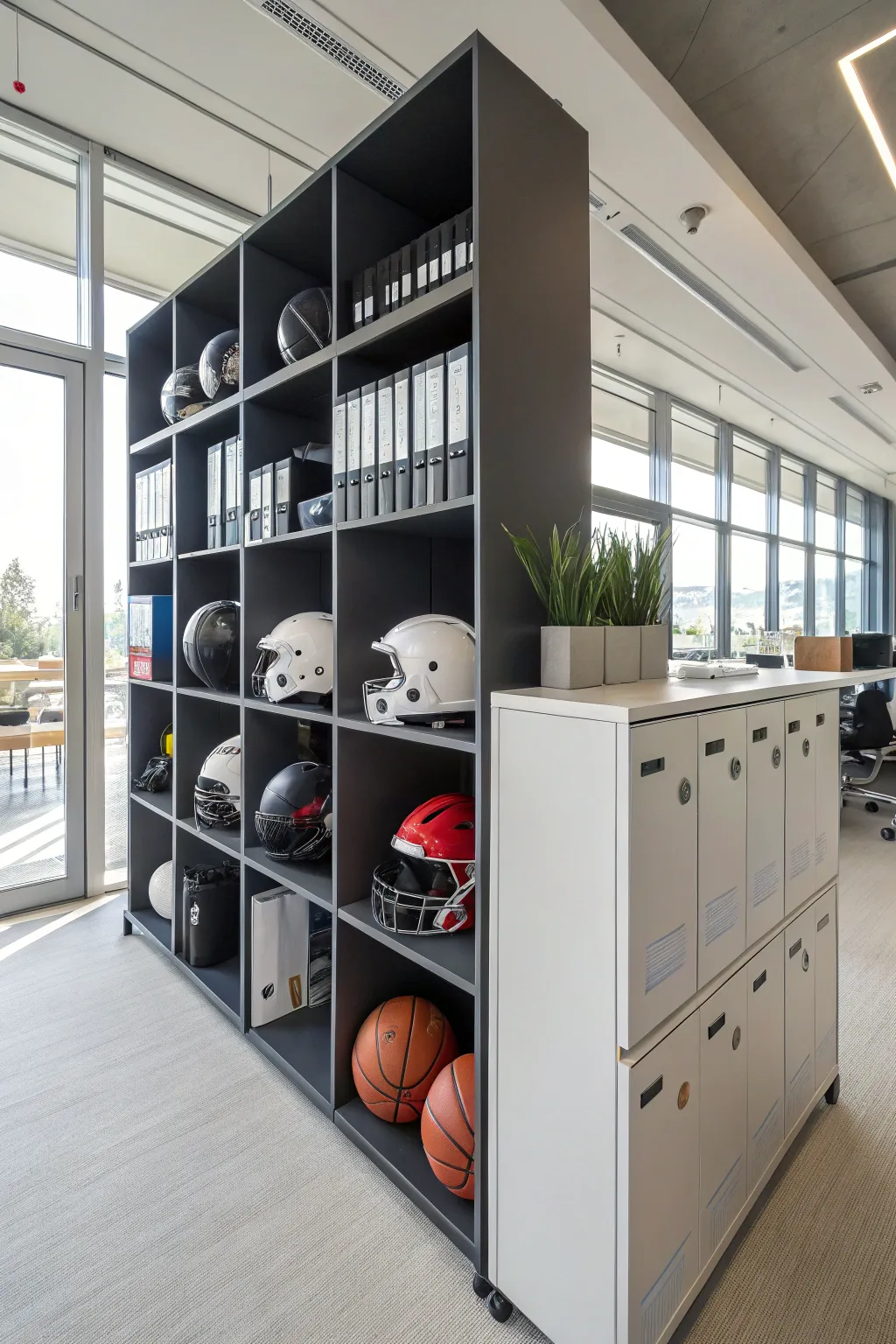Efficient storage solutions keep the office organized.