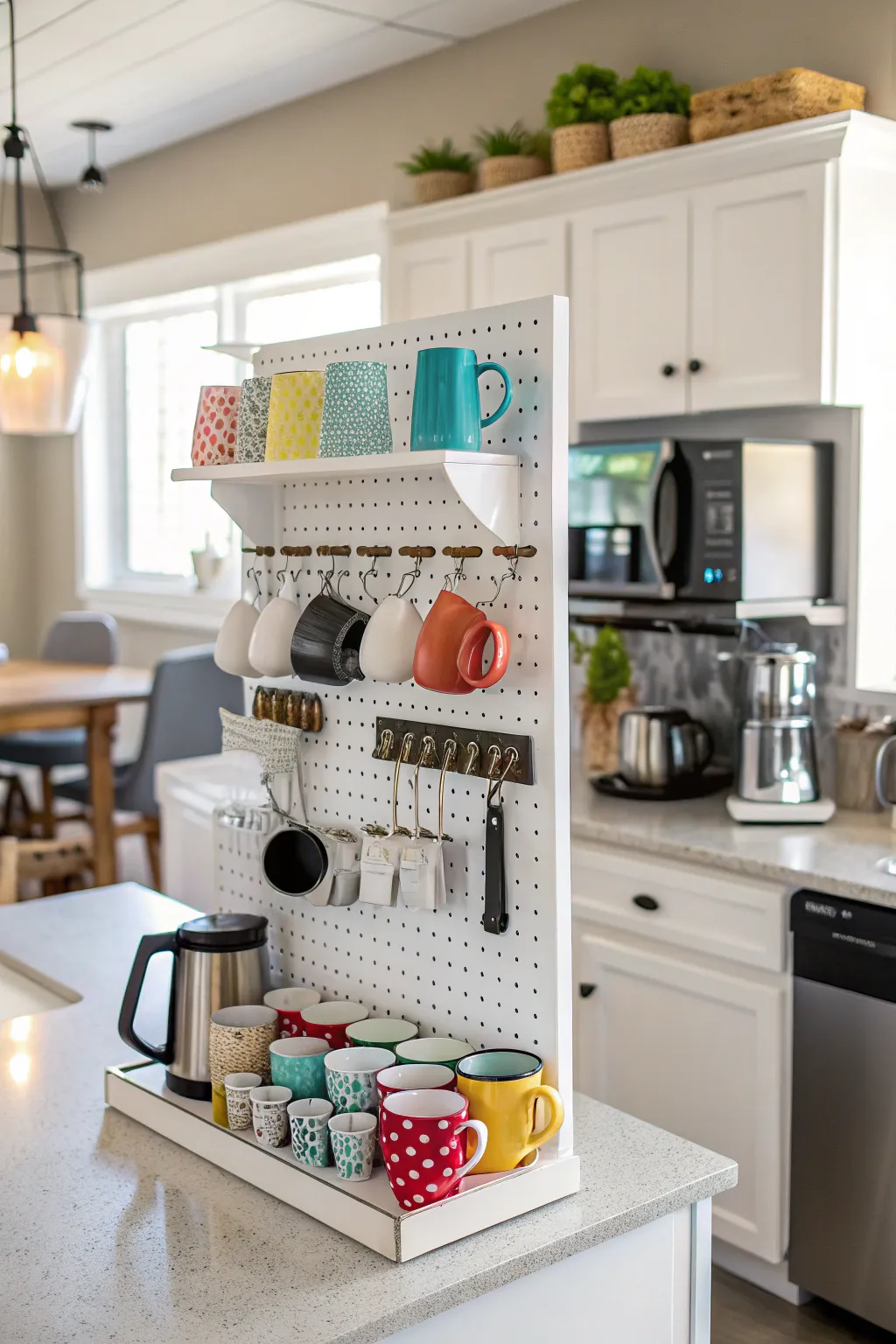 A pegboard adds functional organization to your coffee corner.