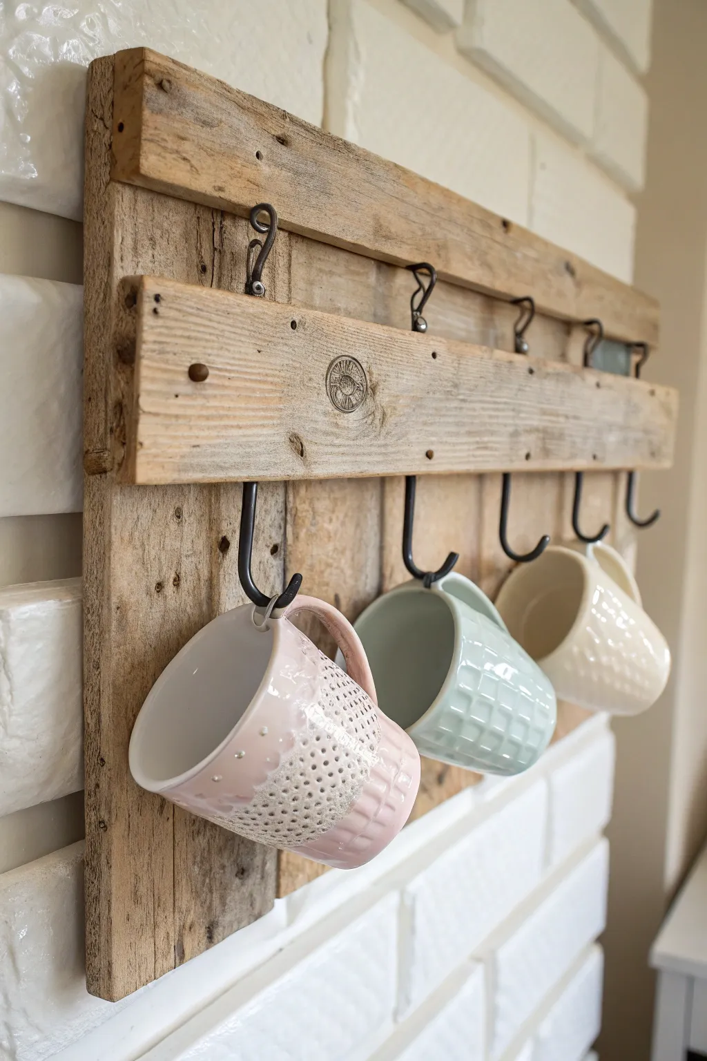 Transform your kitchen with a wooden pallet mug holder that combines rustic charm with Scandinavian elegance. ☕✨ #DIYHomeDecor #ScandinavianStyle #MugStorage