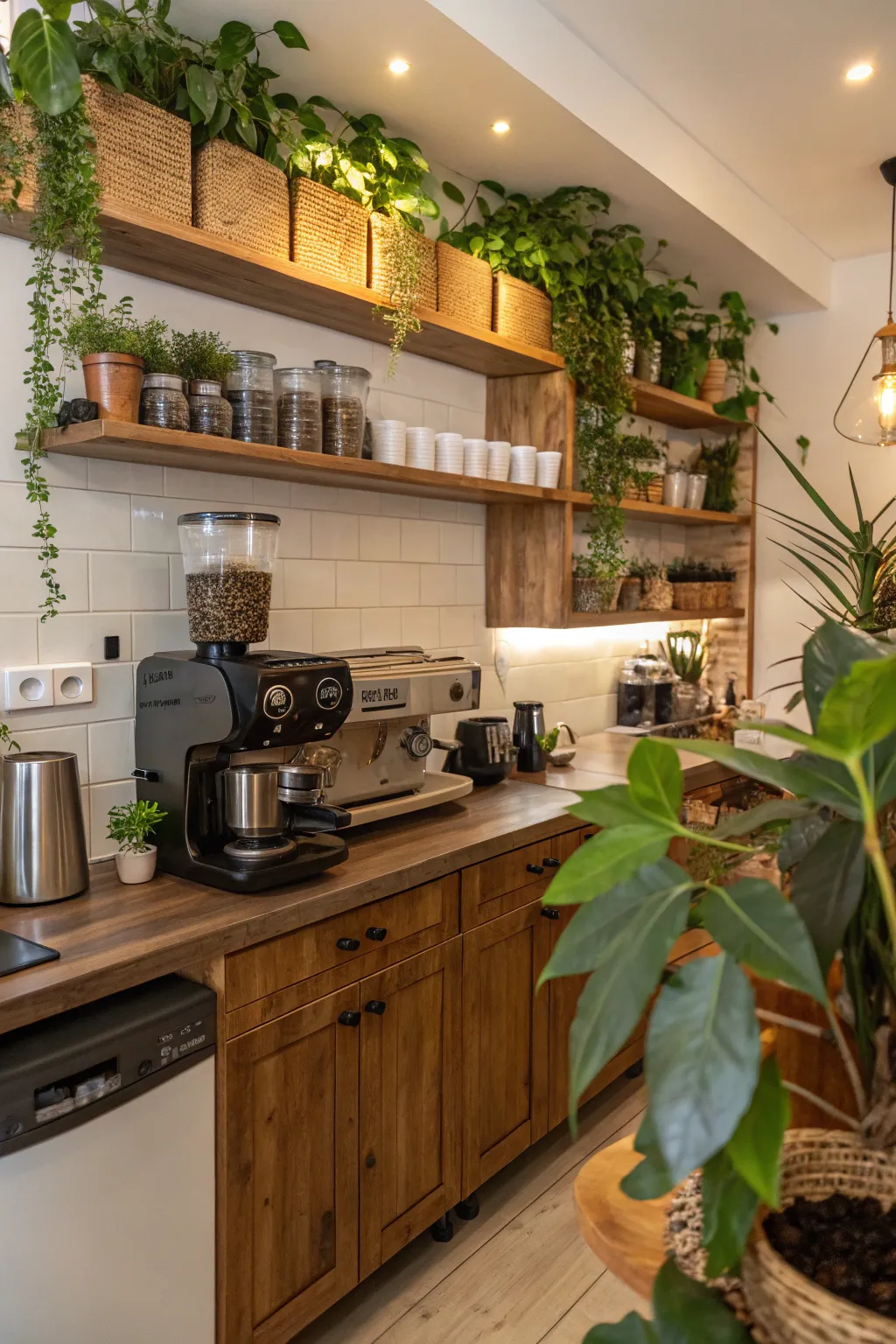 A kitchen featuring coffee-themed decor and natural plants.