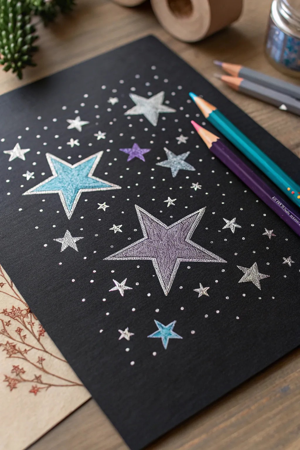 Capture the magic of a starry night with colored pencils on black paper—where simplicity meets artistry.