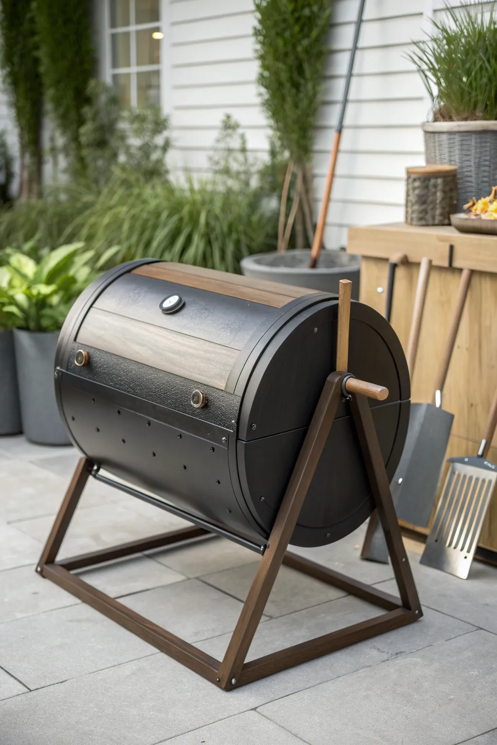 Effortless composting with style: Embrace efficiency and craftsmanship with this elegant compost tumbler.
