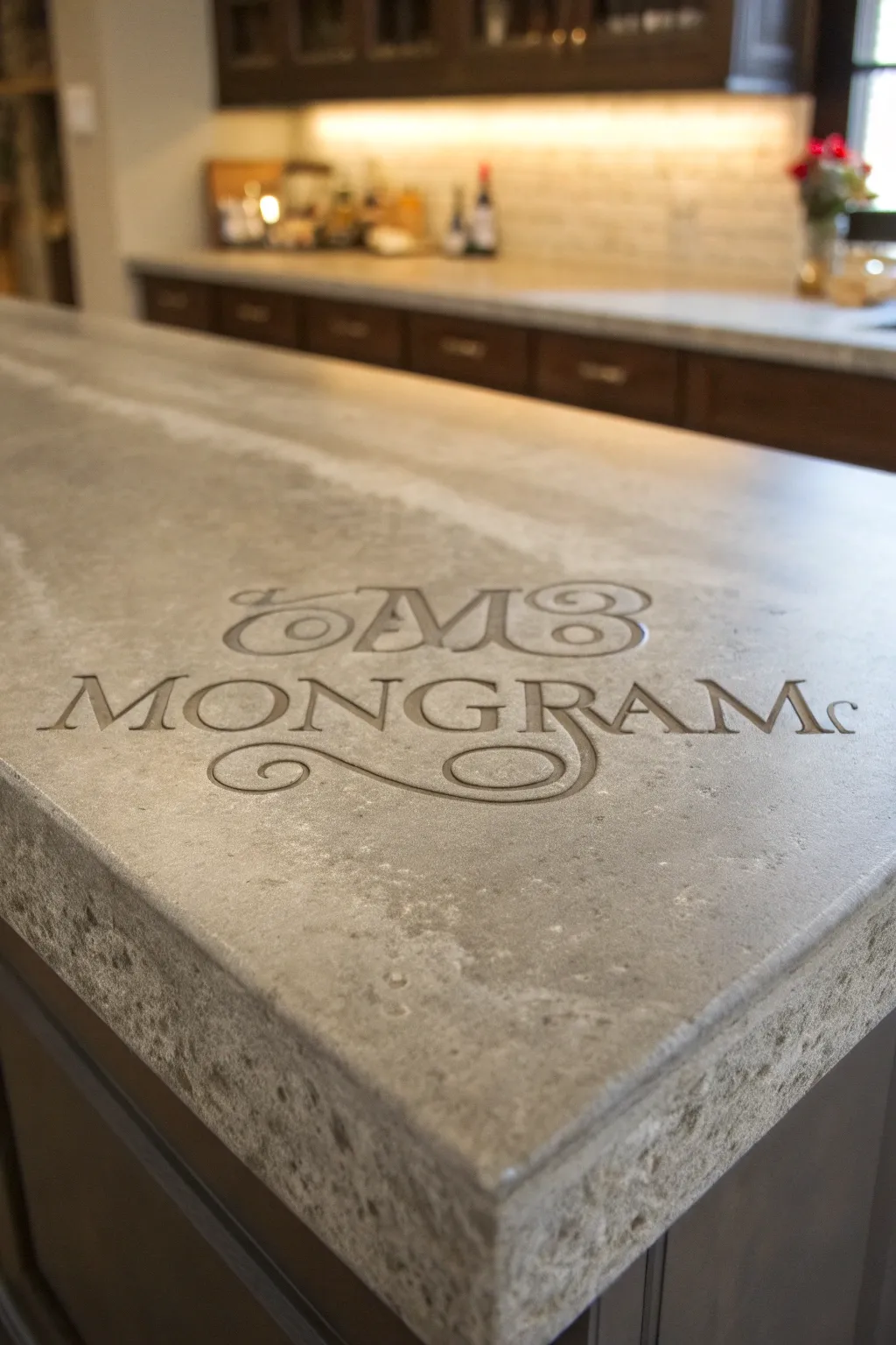 Elevate your space with the timeless elegance of an engraved monogram on a concrete countertop.