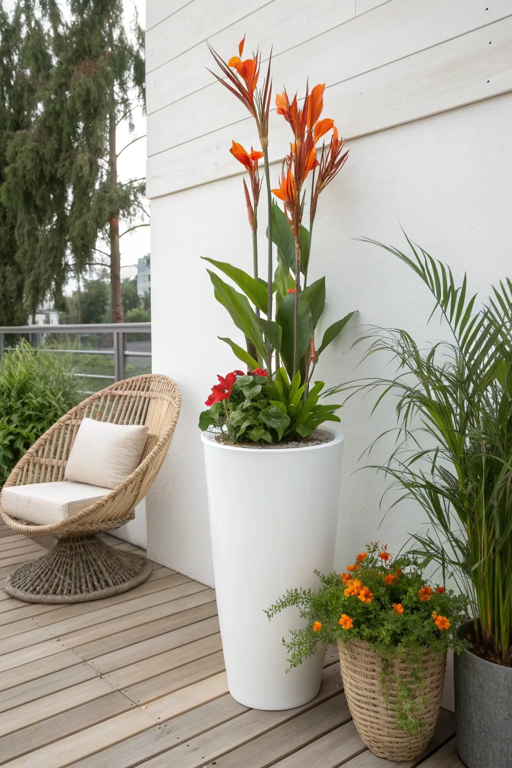 Elevate your space with the striking elegance of canna lilies, perfectly paired with lush greenery for a stunning height contrast.