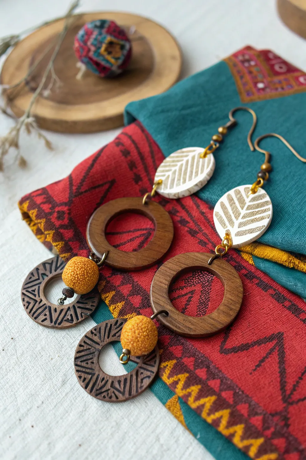 Eclectic earrings that showcase a playful mix of materials.
