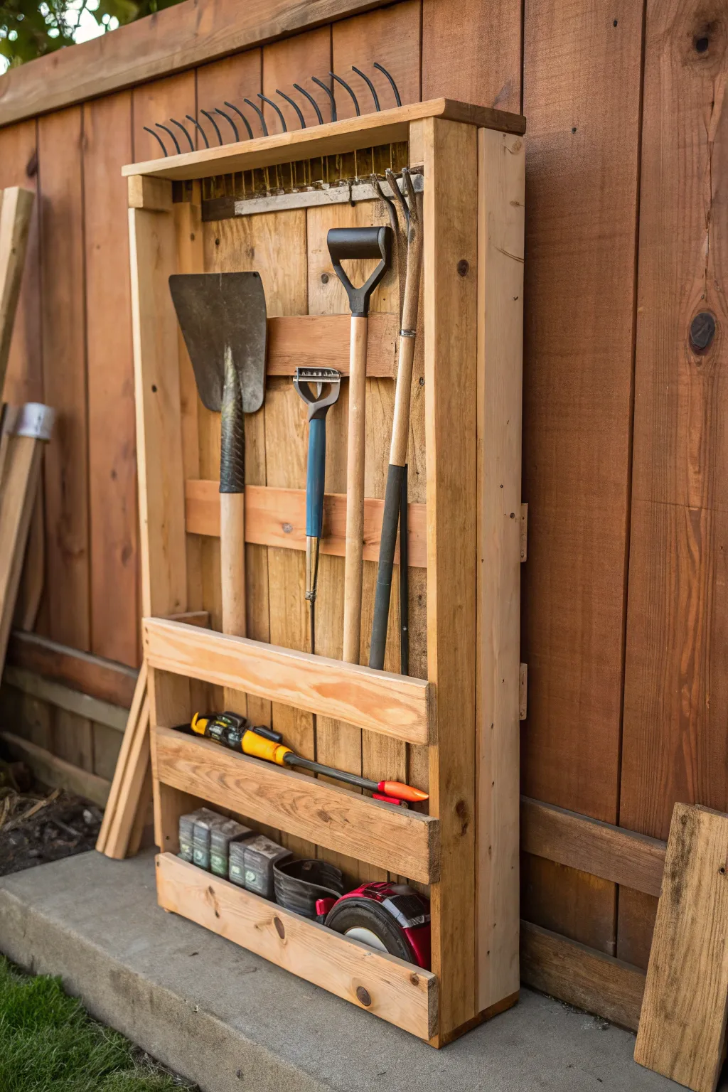 Elevate your garden shed with this handcrafted tool organizer made from scrap 2x4s. A perfect blend of function and craftsmanship.
