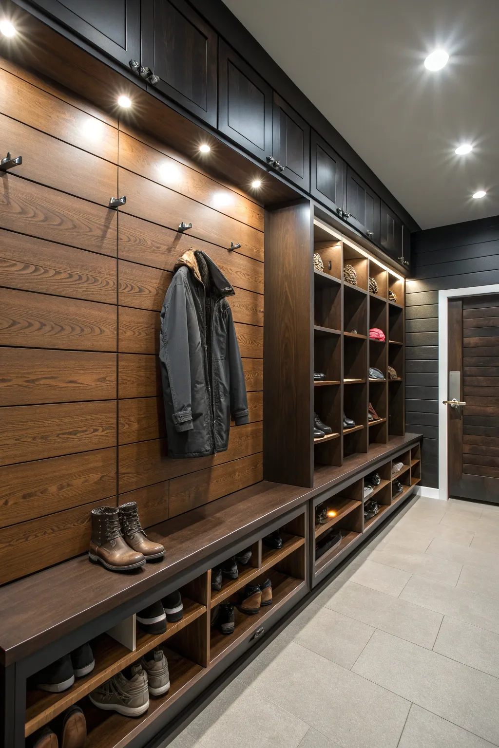 Transform your garage into a stylish and functional mudroom with this sleek slatwall setup.