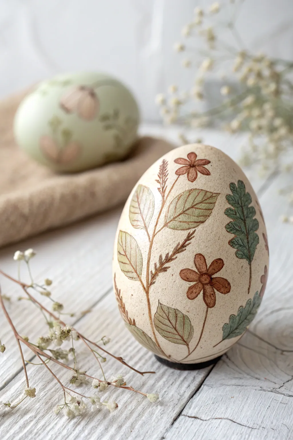 Nature's Artistry: Delicate leaf imprints transform a simple egg into a masterpiece of natural beauty.