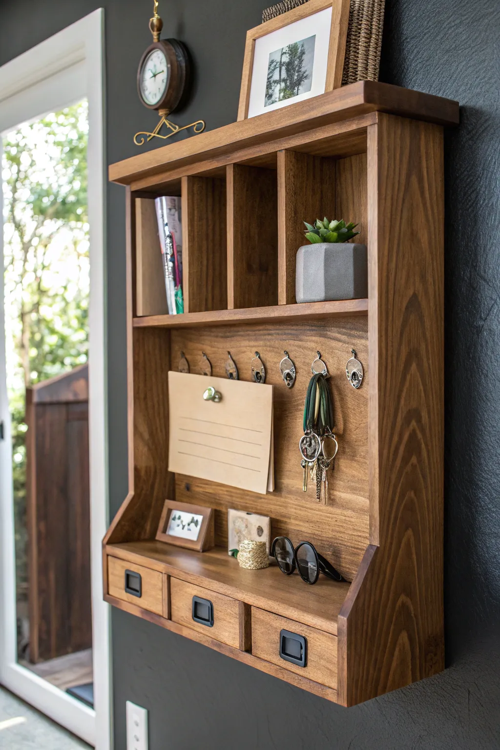 Enhance your entryway with this hand-crafted wooden organizer, where style meets functionality.