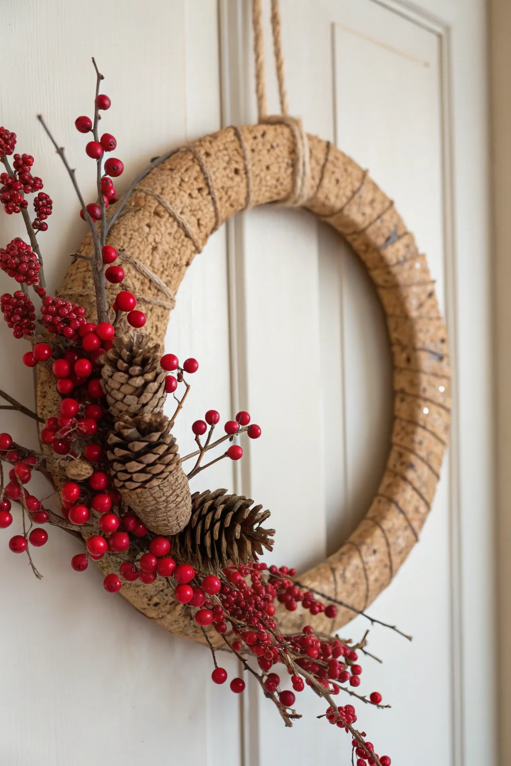Embrace the festive season with a minimalist cork wreath, where natural beauty meets holiday cheer.