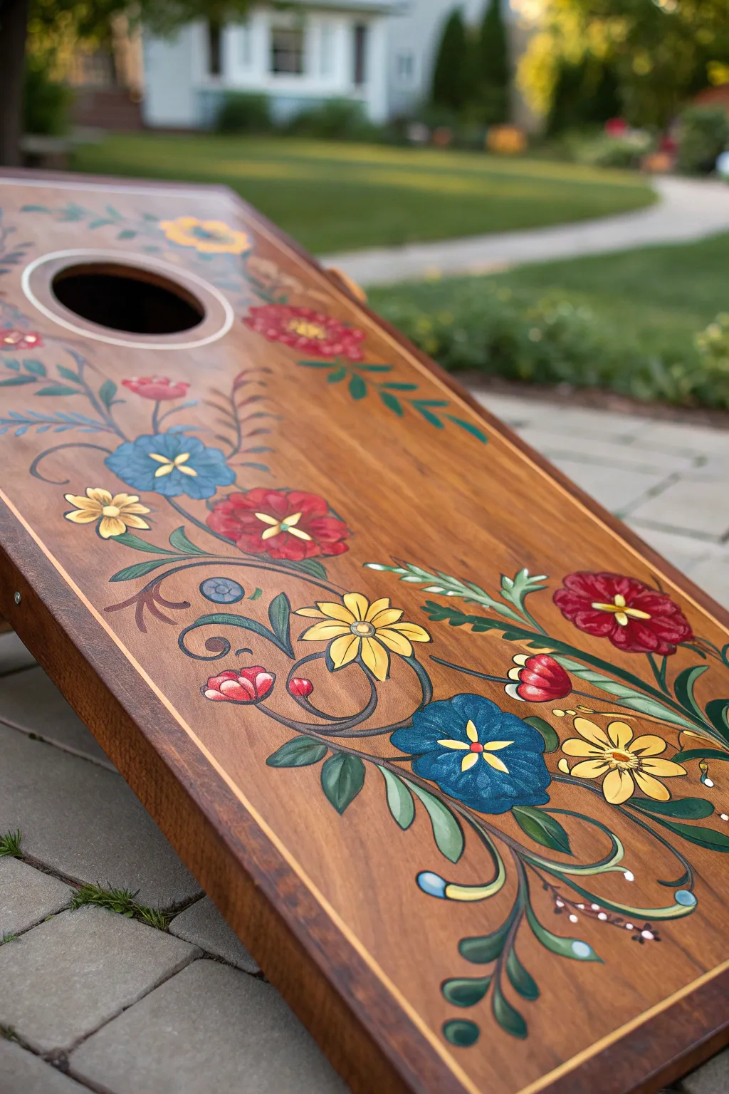 Elevate your game with this exquisitely crafted floral cornhole board, perfect for adding a touch of elegance to any event.
