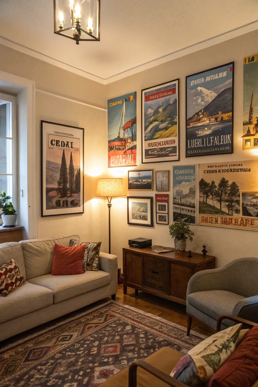 Vintage travel posters that evoke wanderlust in a living room.