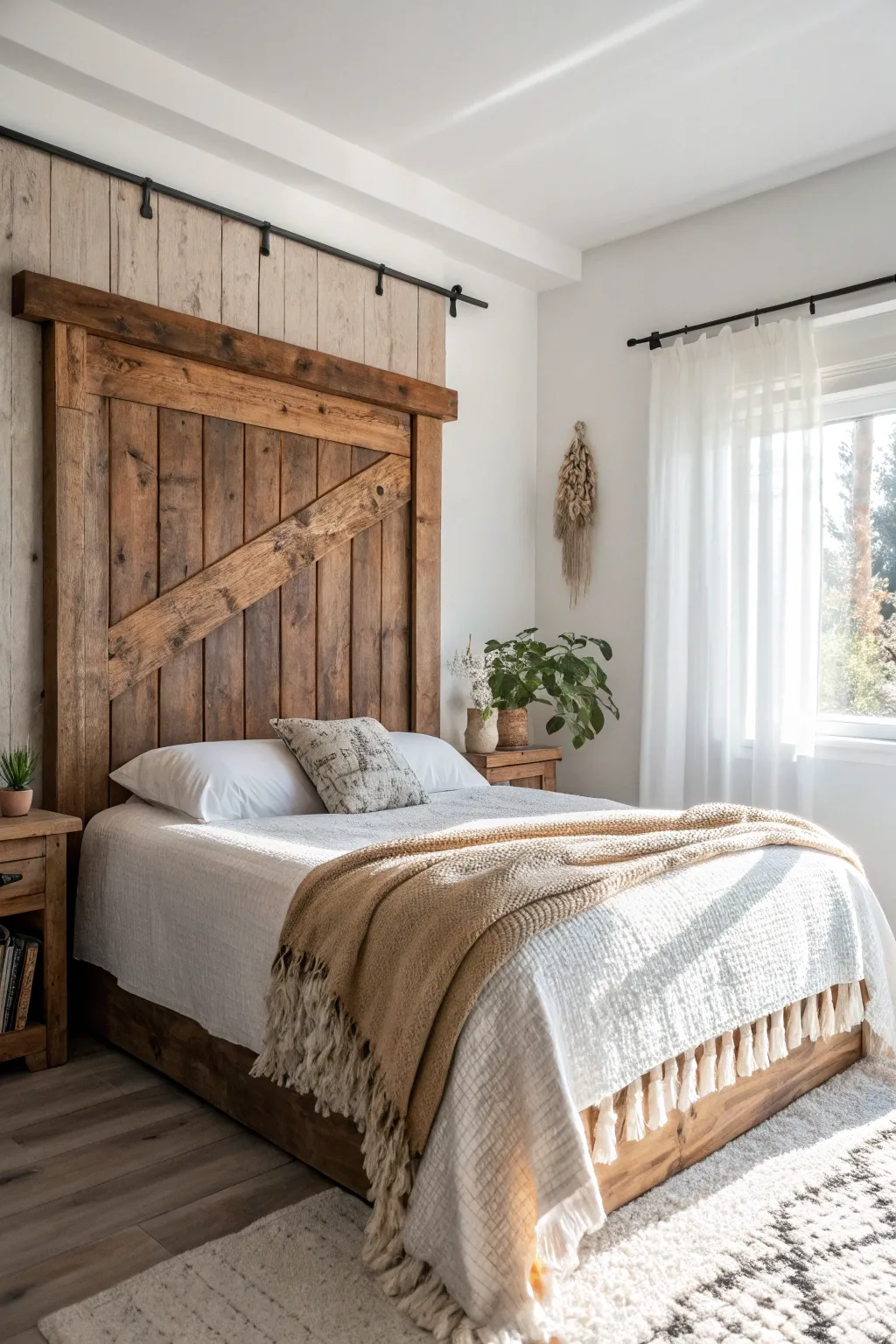 Elevate your bedroom with the rustic charm of a barn wood headboard — where simplicity meets natural elegance.