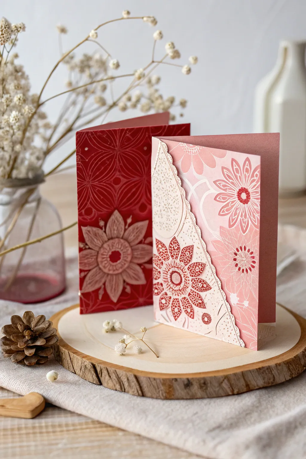 Capture the essence of romance with timeless red and pink hues. This handcrafted card is where Scandinavian simplicity meets boho charm.