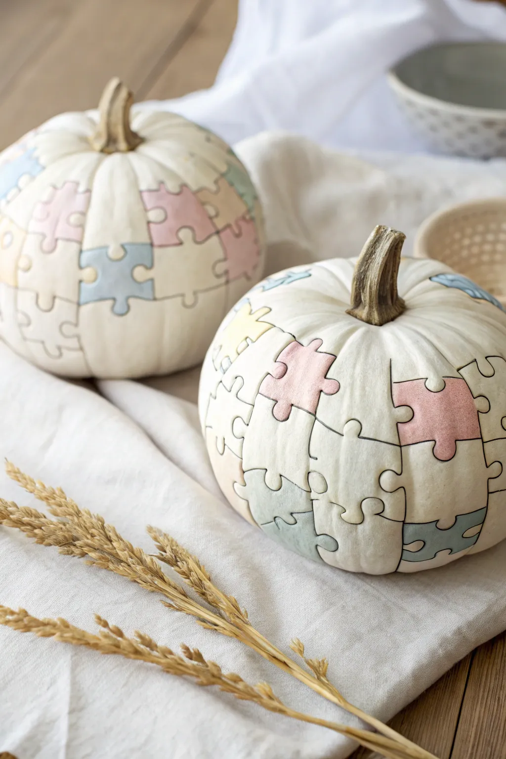Embrace the beauty of connection with these charming puzzle piece pumpkins, perfect for your minimalist fall decor.