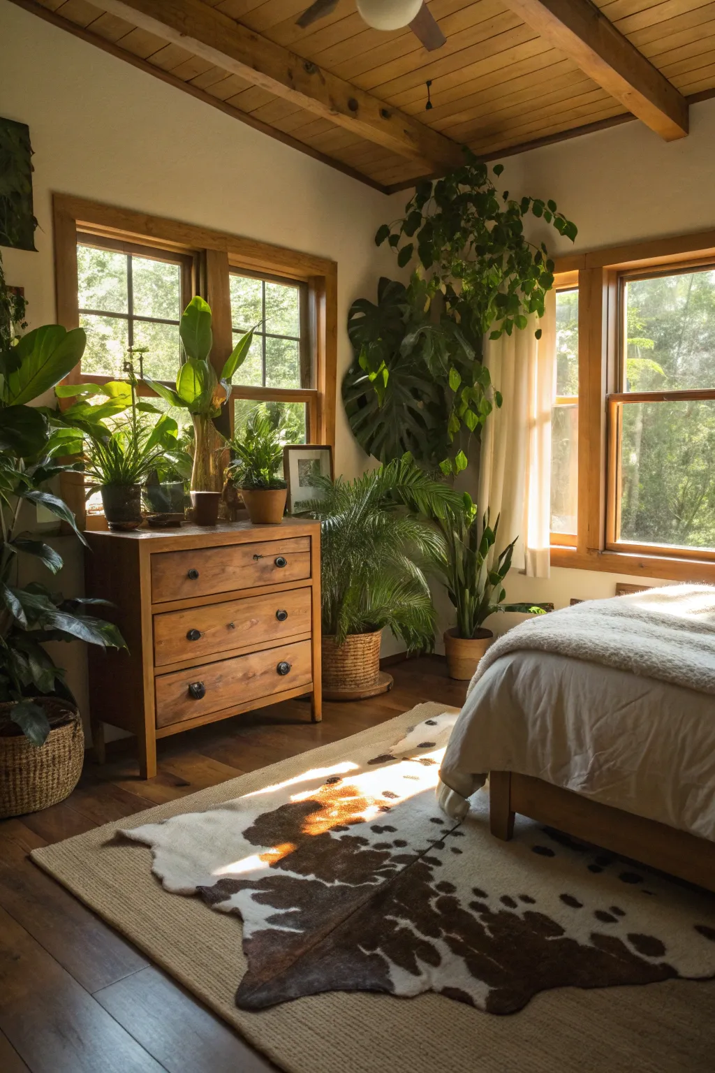 Bedroom with natural elements and a cowhide rug.