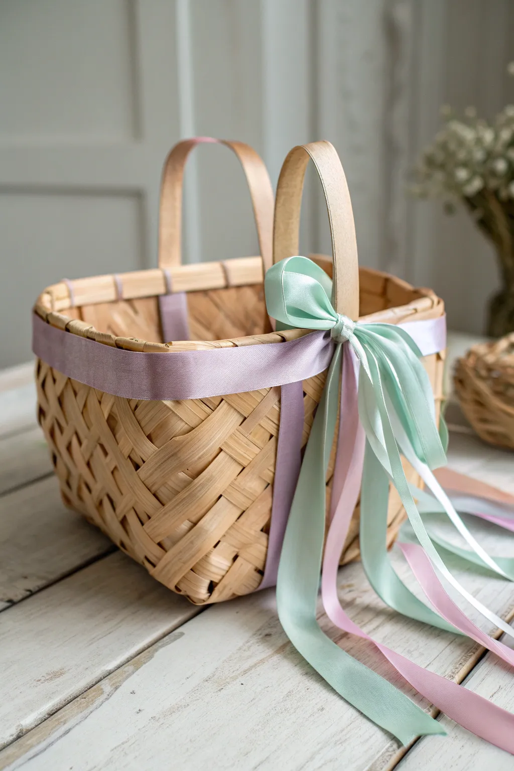 Add a whimsical touch to your storage with this ribbon-wrapped basket, perfect for a chic and organized space.