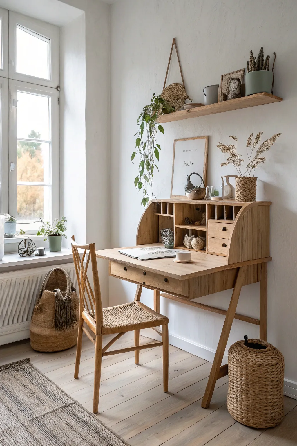 Transform your studio with a wall-mounted desk that offers style and space-saving elegance. #CraftStudio #MinimalistDesign #ScandiBoho