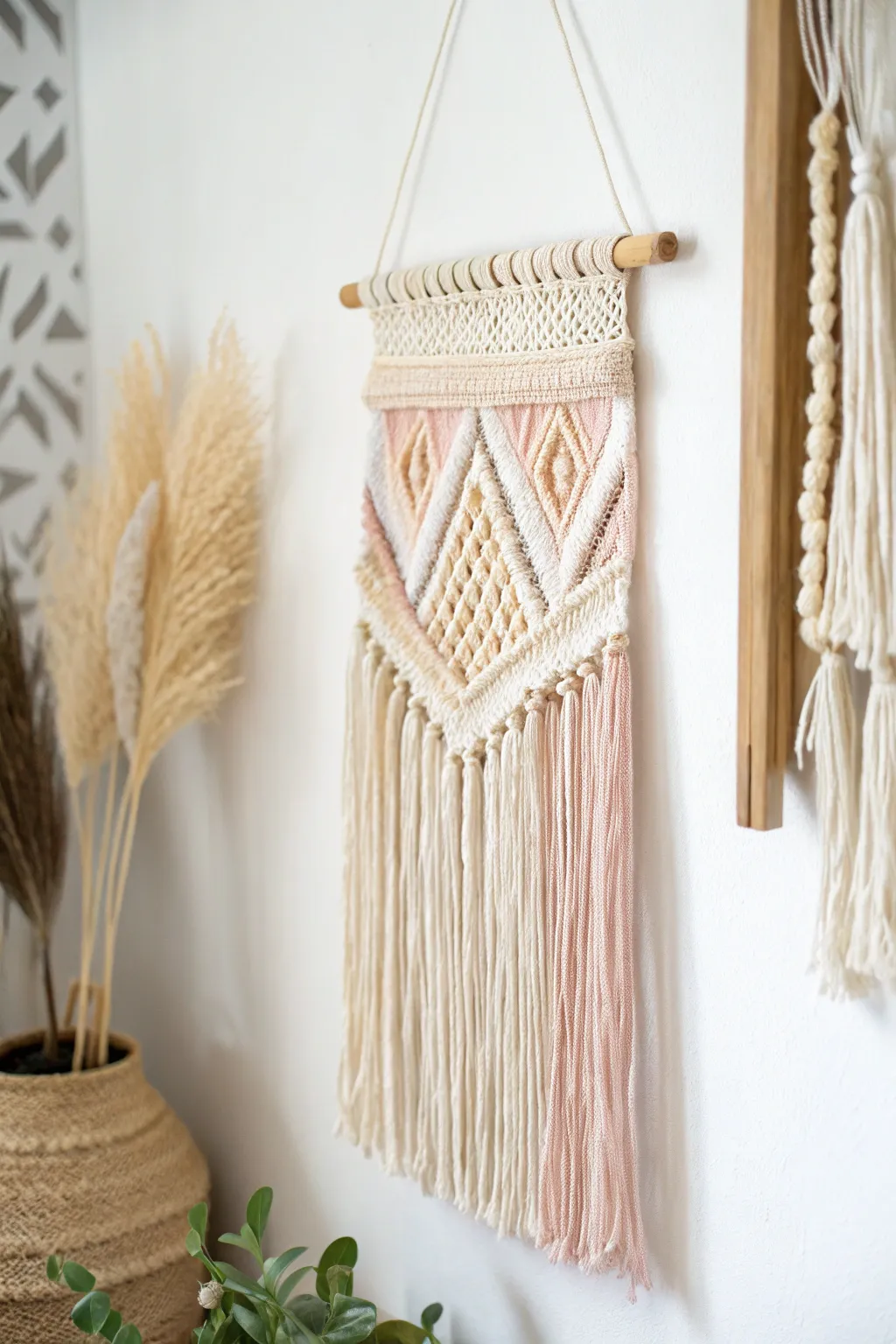 Discover the beauty of mixed textures with this Scandinavian-Boho inspired wall hanging, where simplicity meets craftsmanship.