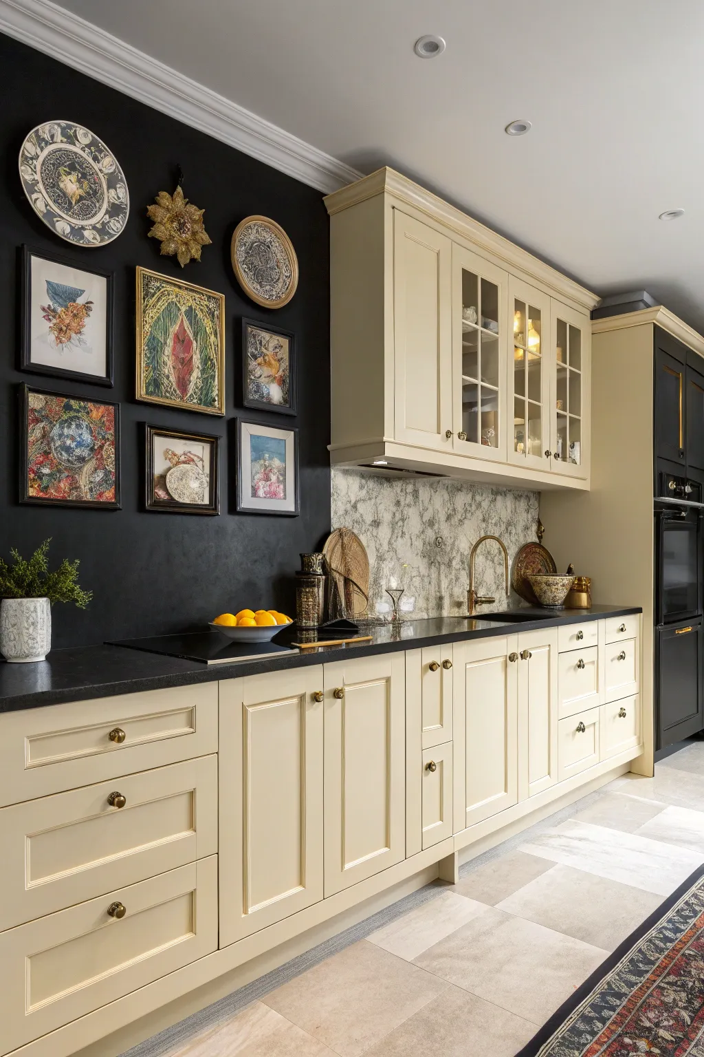 A black accent wall adds drama and depth to the kitchen.