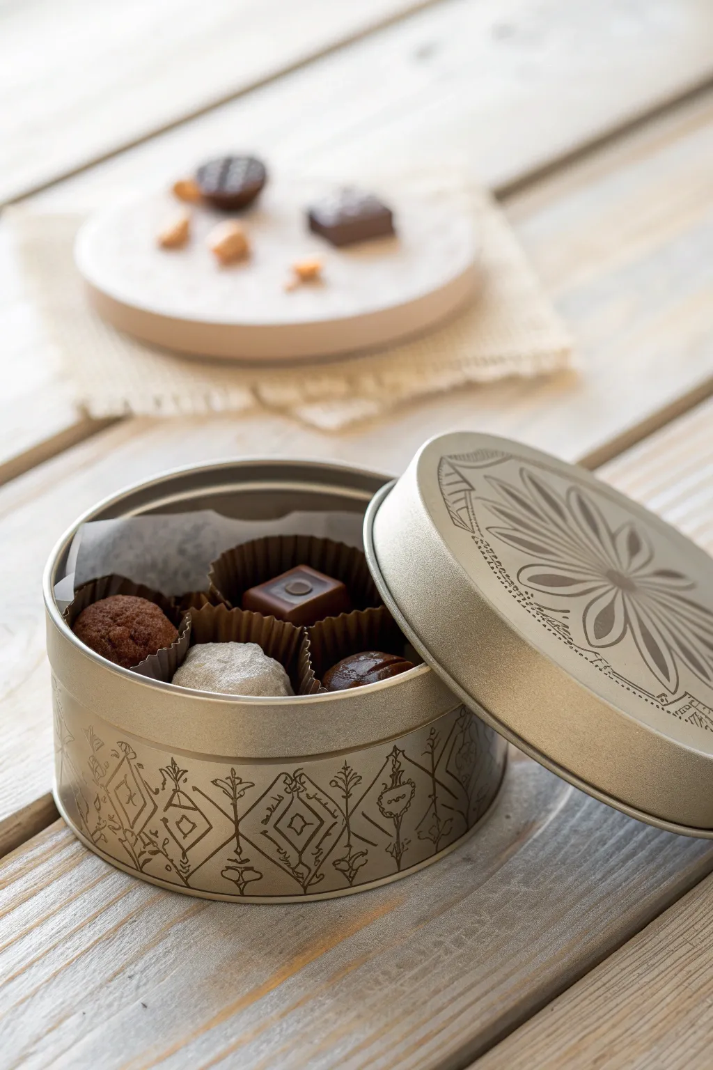 Elegance in every detail: Discover our artisan chocolates in a beautifully designed reusable tin.