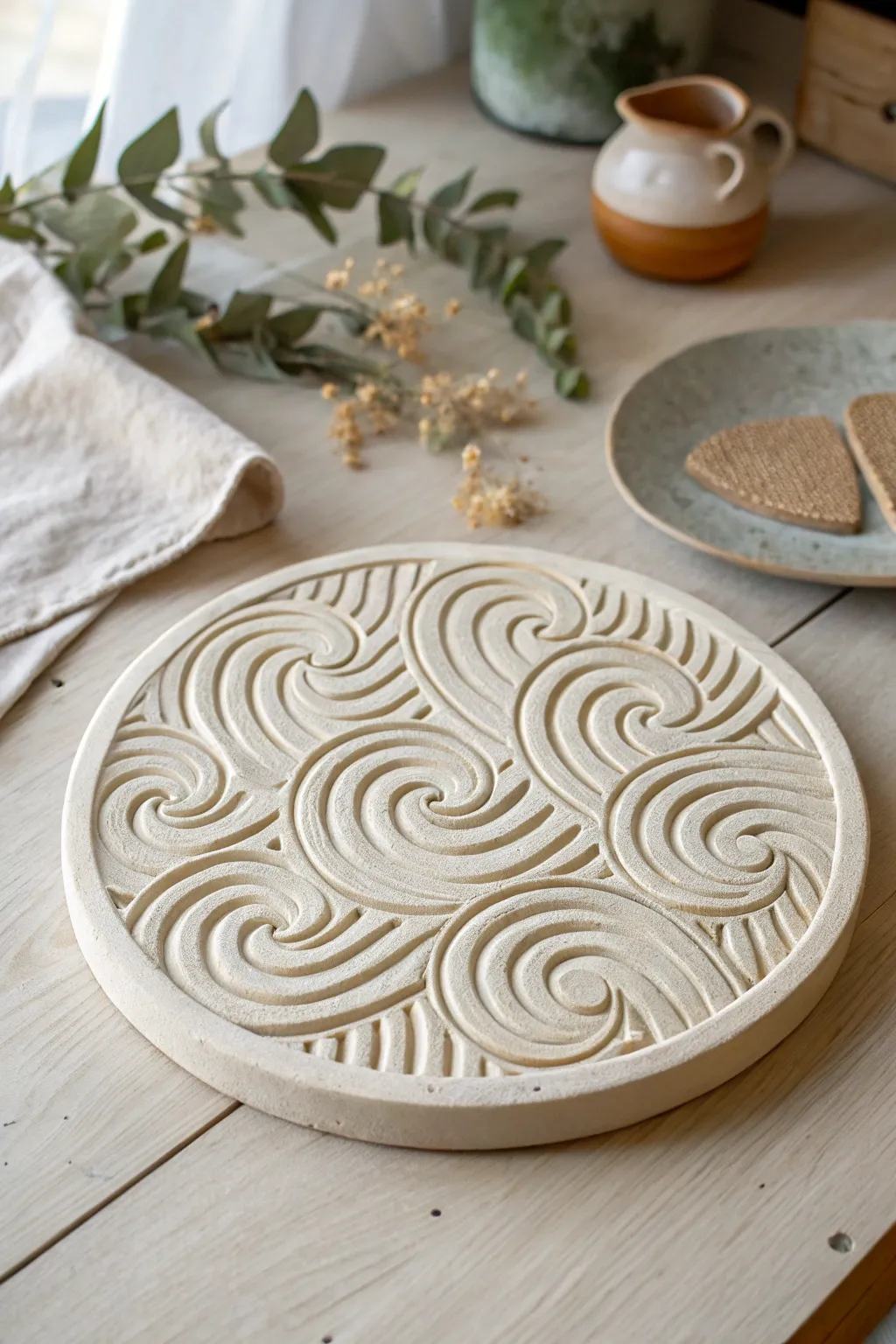 Transform your kitchen into a coastal haven with these artisan wave-patterned trivets.
