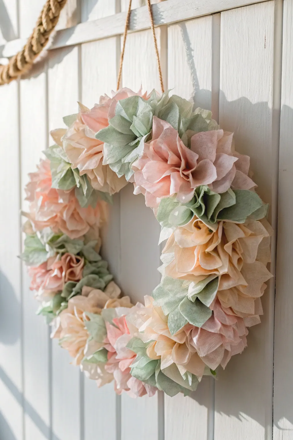 Elevate your seasonal decor with a handcrafted crepe paper wreath, where simplicity meets elegance.