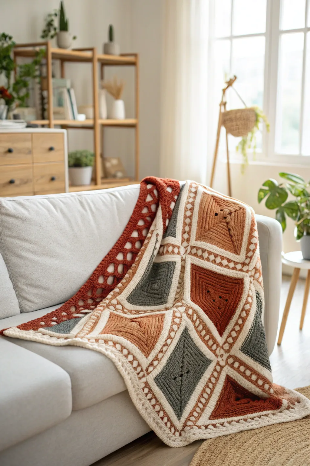 Transform your space with a bold geometric crochet blanket, where modern flair meets timeless craftsmanship.